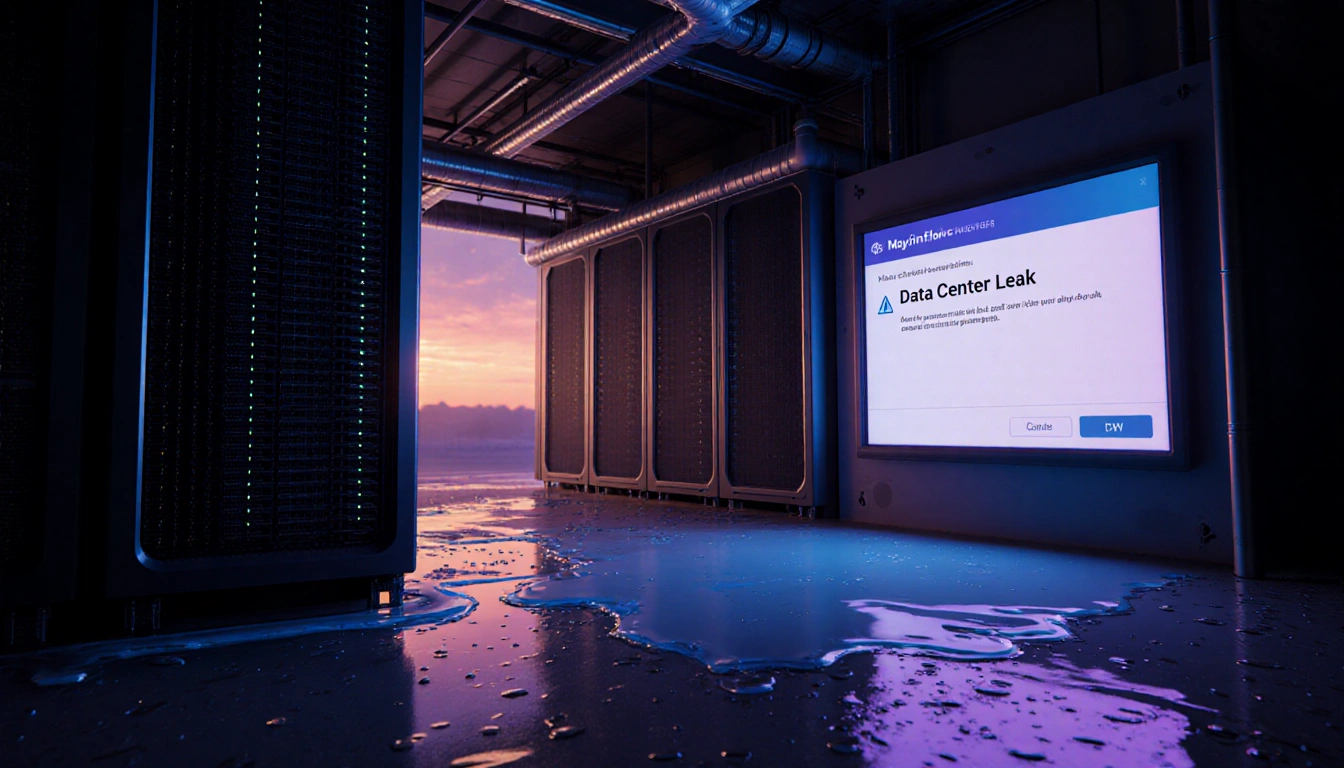 Data center screen alerting leak message with IoT sensors and wet floor under soft blue light.
