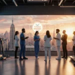 Health professionals collaborate around a glowing cityscape screen with warm golden lighting and startup innovation logos.
