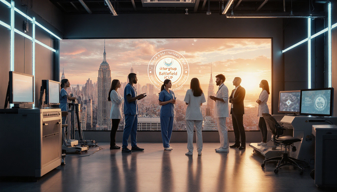 Health professionals collaborate around a glowing cityscape screen with warm golden lighting and startup innovation logos.