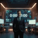 Executive standing with massive countdown timer in a futuristic lab and AI screens.