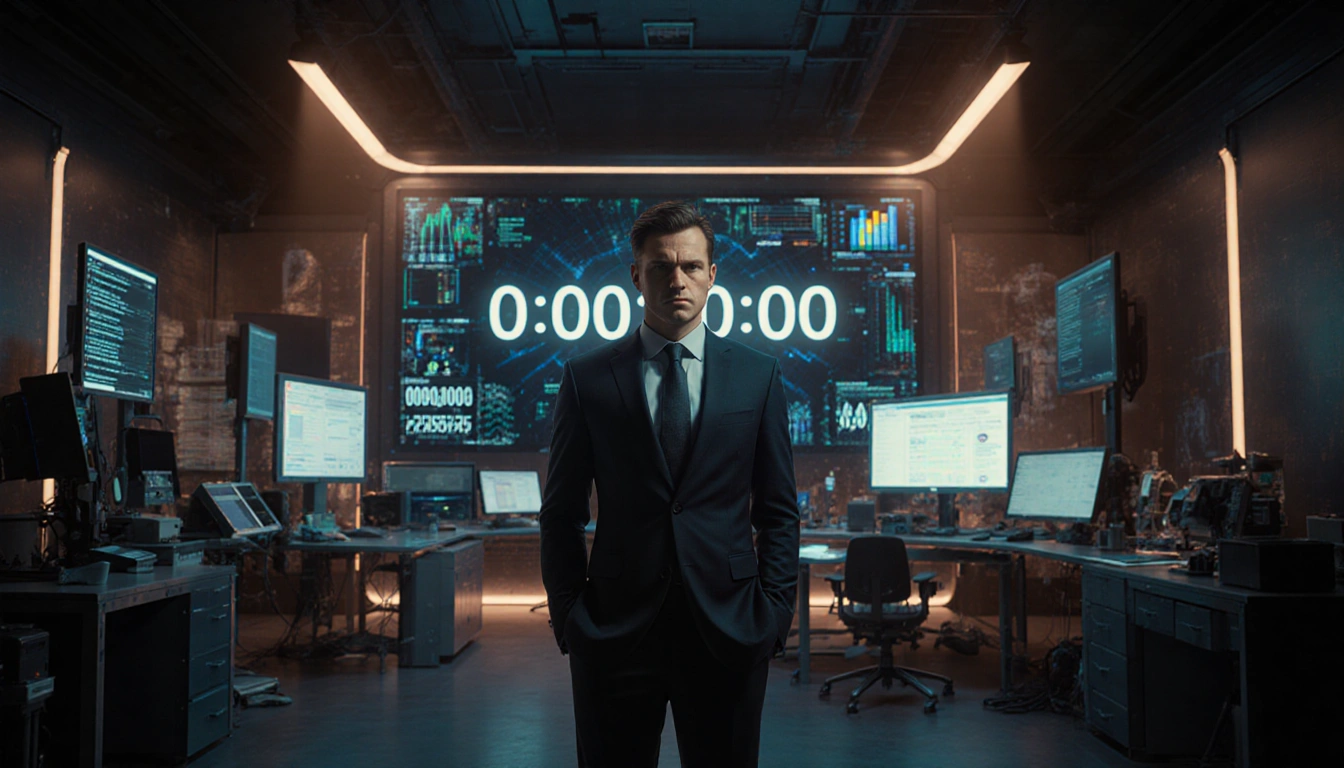 Executive standing with massive countdown timer in a futuristic lab and AI screens.