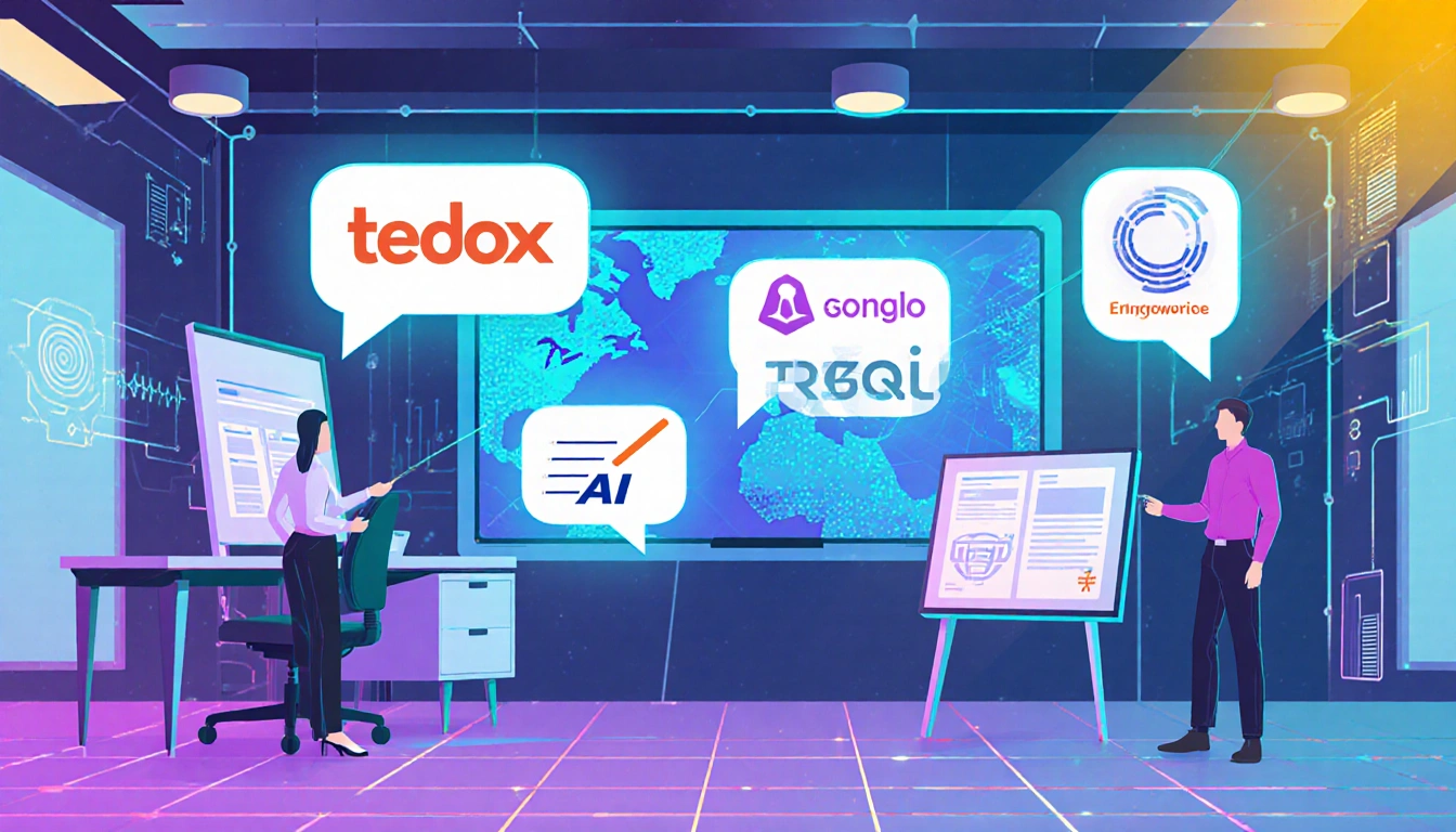 Team interacting with AI assistant in futuristic office with glowing lines and startup logos on screens