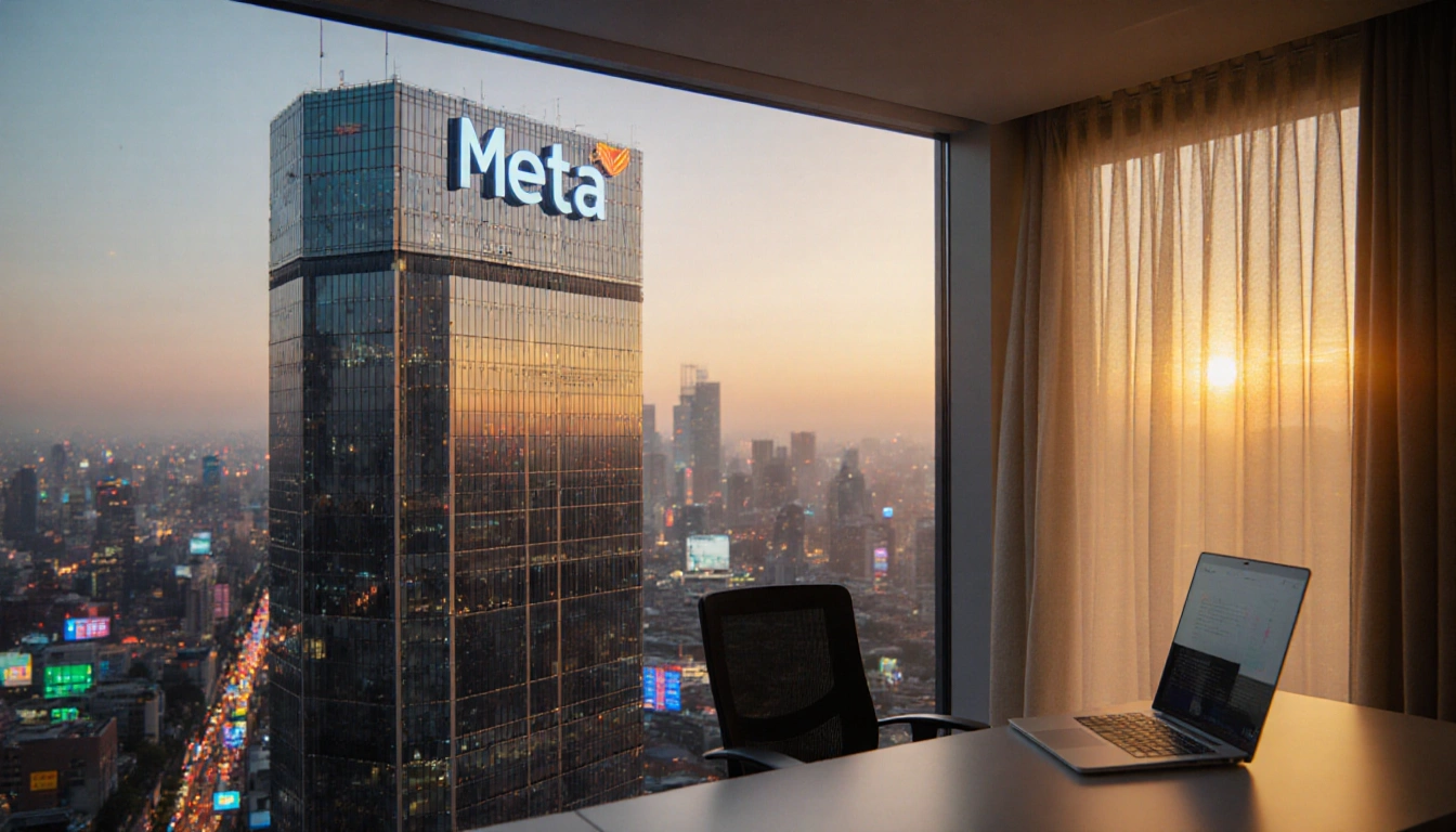 Laptop displaying Manus with sleek chair on minimalist desk near futuristic Singapore skyscraper with Meta logo