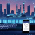 Power plant glows at dusk with skyscrapers behind and a smartphone on a bench showing Electricity rates up 13%
