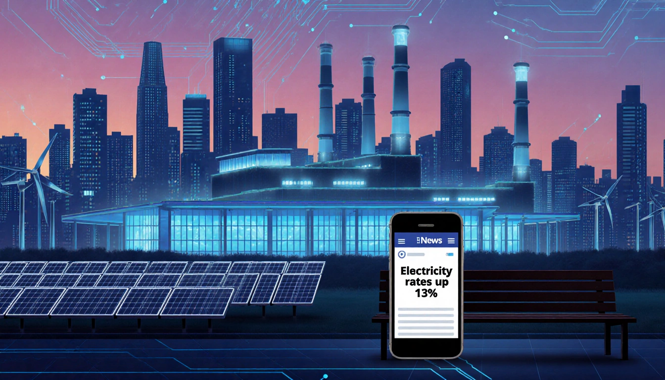 Power plant glows at dusk with skyscrapers behind and a smartphone on a bench showing Electricity rates up 13%