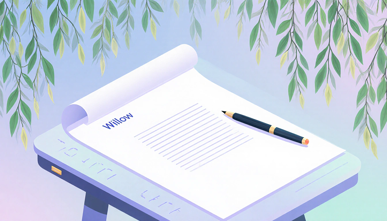 Futuristic writing desk displays digital integration holding a pen and a blurred sheet of paper with willow vines swirling ar