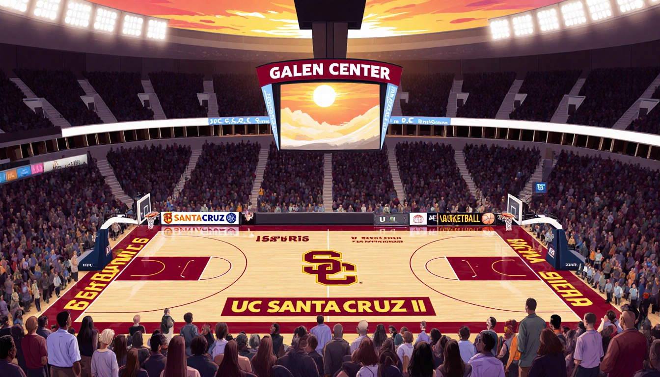Basketball court plays game with fans holding USC and UC Santa Cruz banners under sunset behind stadium