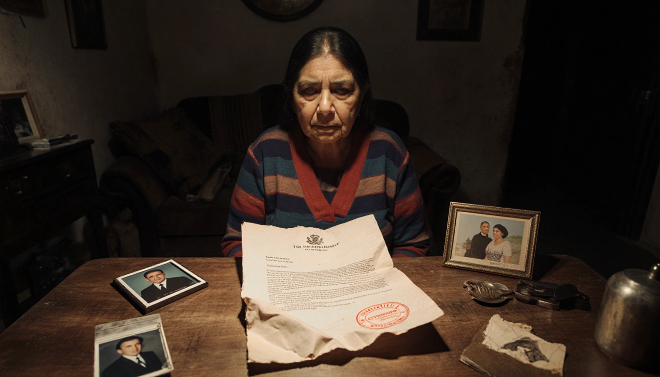 Widow sits with open government letter showing stamp and worn photographs in warm light