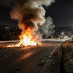 Flames engulfing a section of the freeway road with orange cones and burning debris near Castaic neighborhoods.
