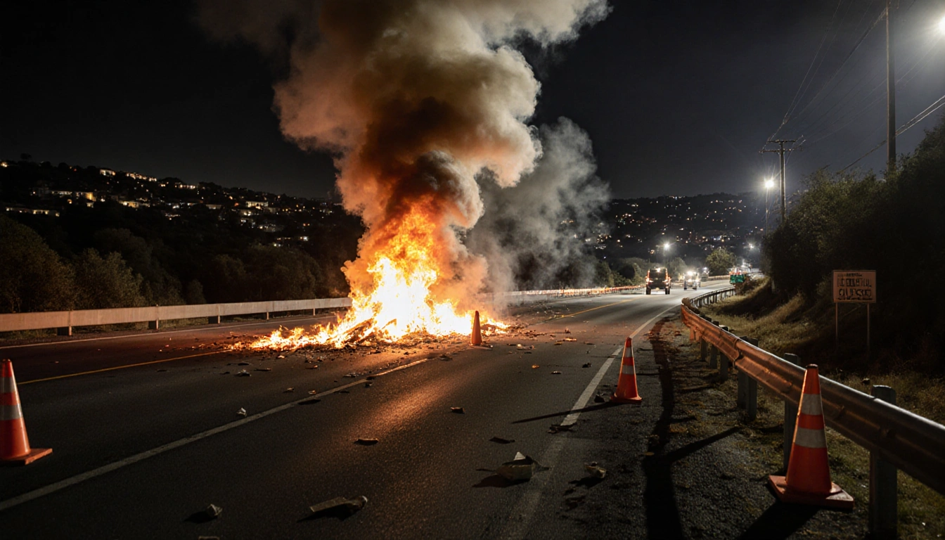 Flames engulfing a section of the freeway road with orange cones and burning debris near Castaic neighborhoods.
