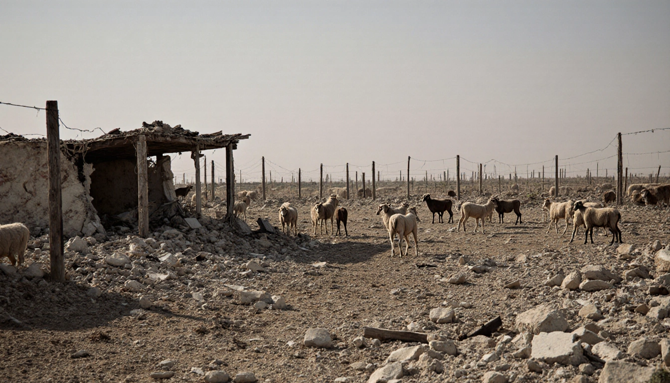 Scrawny sheep grazing in a devastated Gaza farm with broken fences and ruined shelters