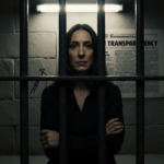 Ghislaine Maxwell sits with arms crossed in a dim prison cell illuminated by a flickering tube