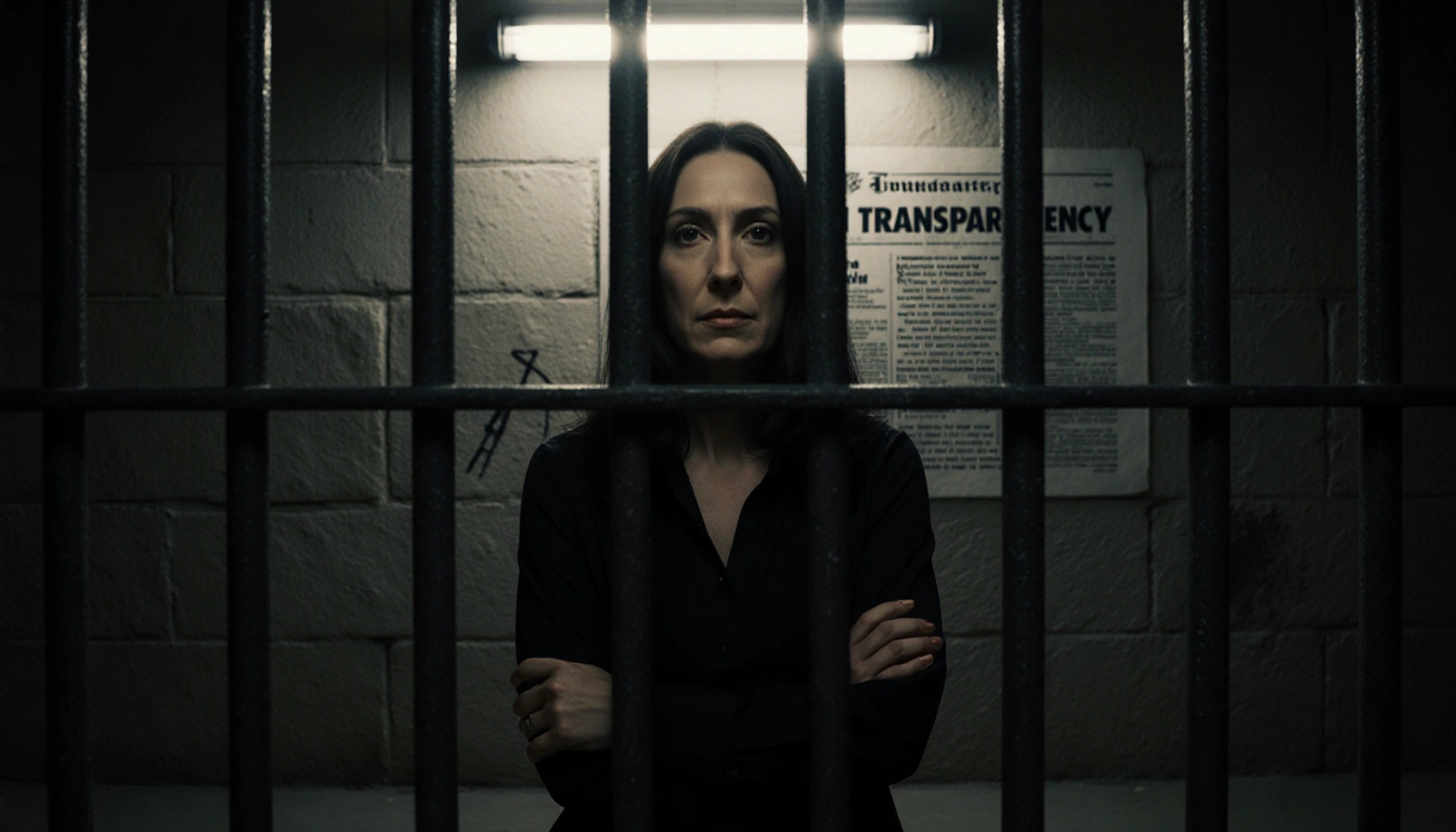 Ghislaine Maxwell sits with arms crossed in a dim prison cell illuminated by a flickering tube