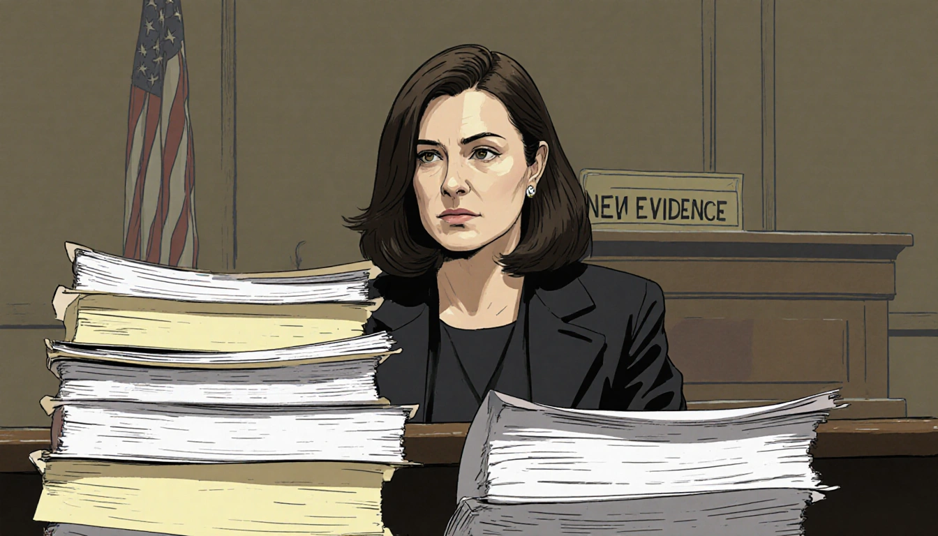 Ghislaine Maxwell sits determined in courtroom with stack of files and judge's bench showing 'New Evidence