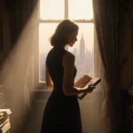 Woman holding a worn leather journal in a lit study with golden light and a cityscape at dusk visible through an open window