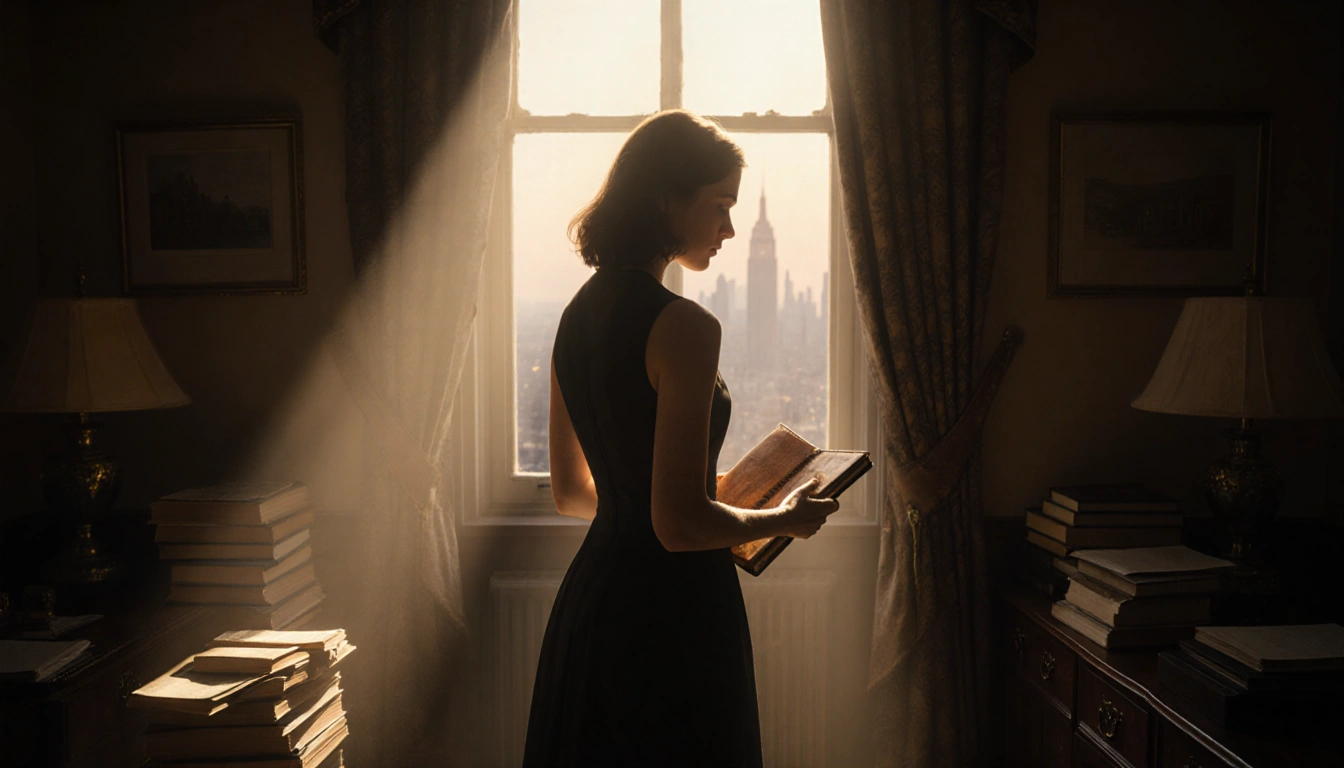 Woman holding a worn leather journal in a lit study with golden light and a cityscape at dusk visible through an open window