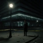 Victim standing frozen with eerie streetlight glow and police tape behind MIT glass façade