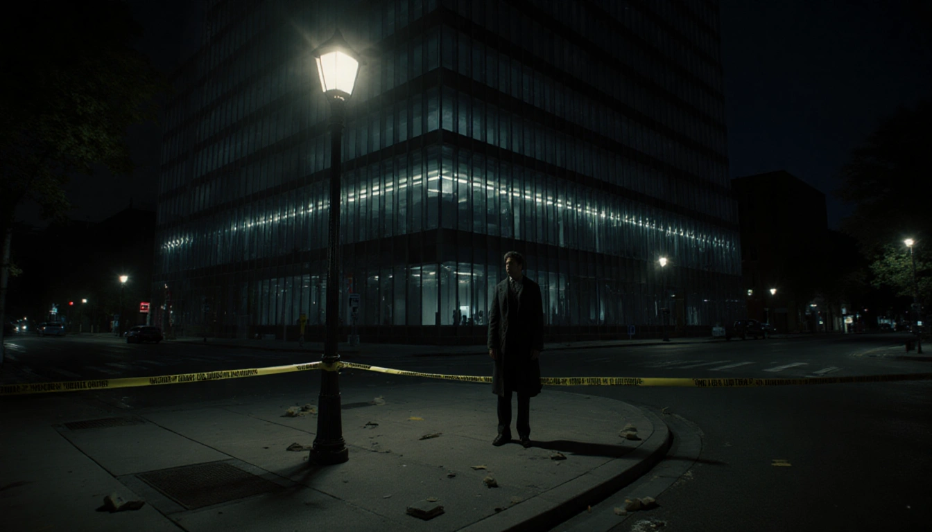 Victim standing frozen with eerie streetlight glow and police tape behind MIT glass façade