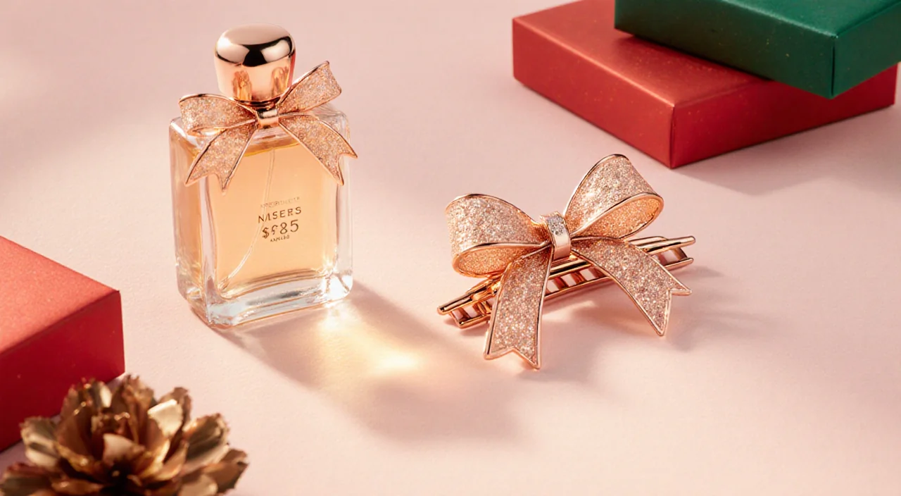 Gift table displays rose gold hair clip with bows and sleek perfume bottle under warm glow