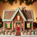 Gingerbread house standing with bright icing and candy holiday display surrounded by greenery and twinkling lights in warm ho