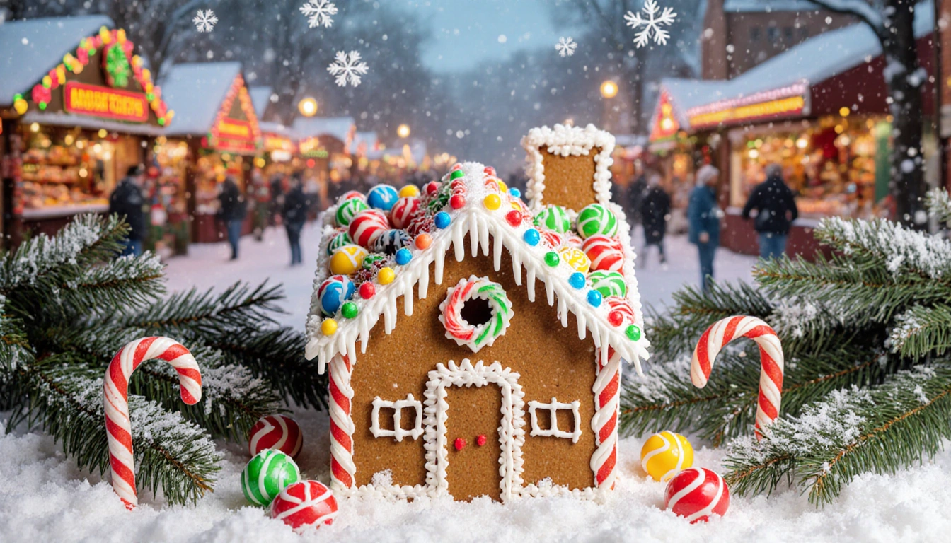Gingerbread house standing with festive icing and candy canes and gumdrops amid evergreen branches and snowflakes