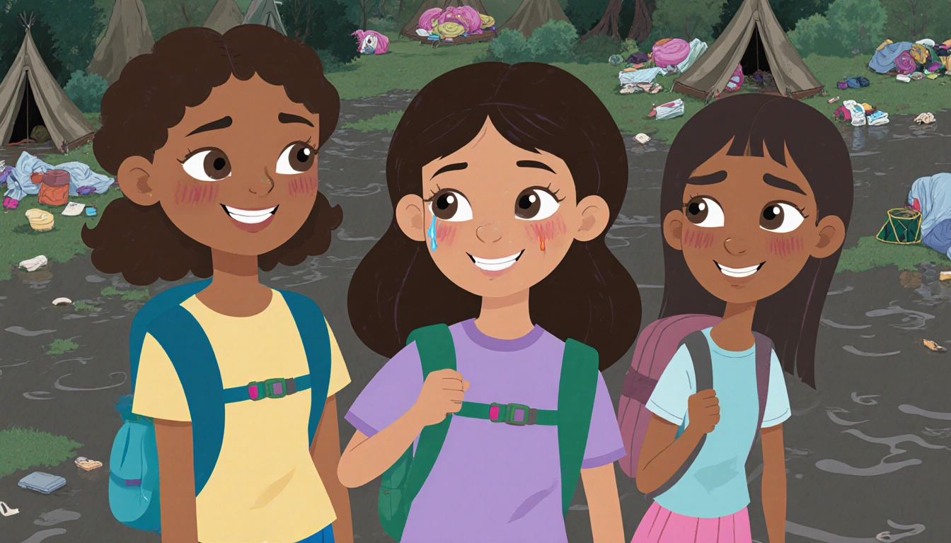 Three girls standing with backpacks beside a partially flooded campsite with scattered belongings and one with a faint tear.