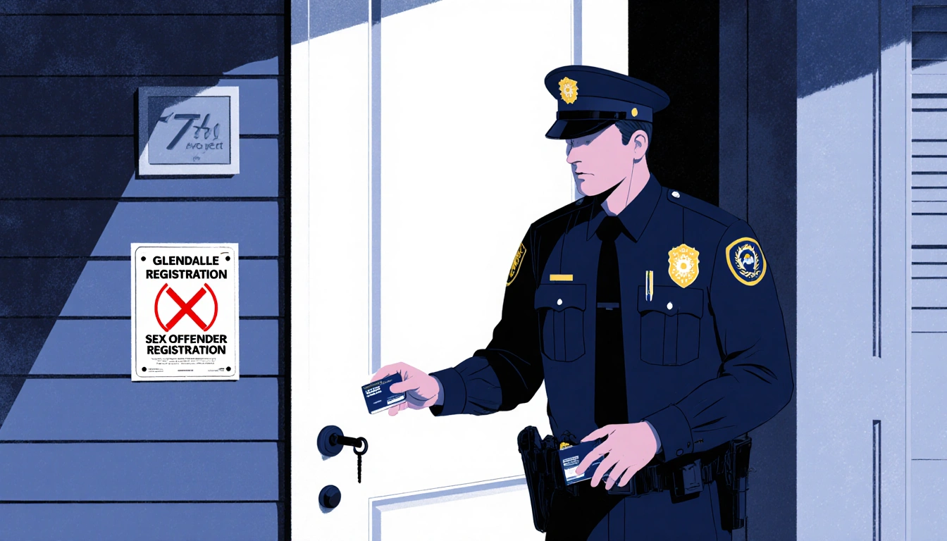 Officer holds badge beside a door with a Sex Offender Registration sign crossed by a red X.