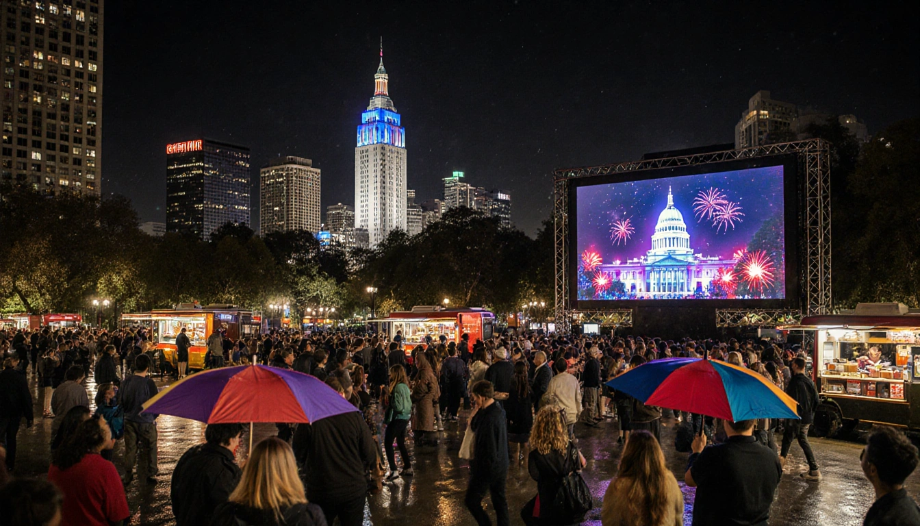 People celebrating New Year's Eve in Gloria Molina Grand Park with music stages food trucks and video screen showing LA City 
