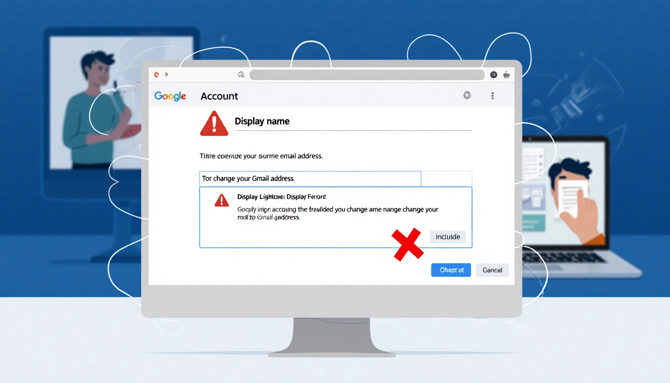 Gmail interface shows an error with a highlighted name field and a red X, blurred background of person on another device