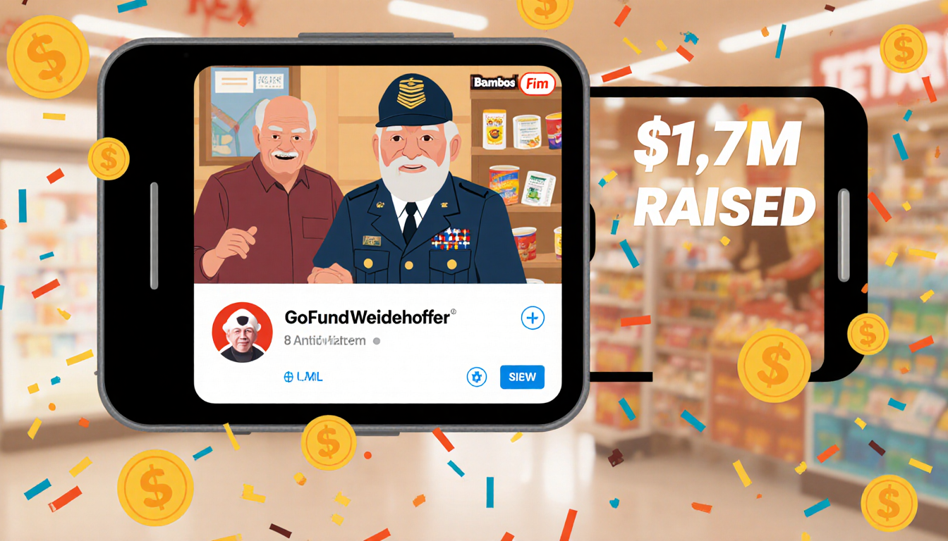 Samuel Weidenhofer filming a video with an 88‑year‑old veteran and a GoFundMe logo showing $1.7M raised confetti community