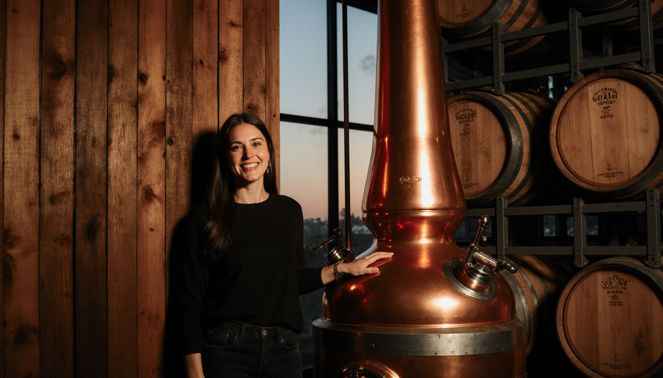 Jobeth Devera stands beside a distillery still with her hand on the wooden wall, light bathing whiskey barrels in background.