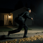 Burglar sprinting from suburban street with duffel bag and trail of gold coins under harsh spotlight