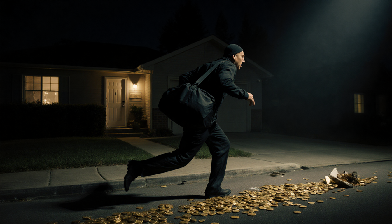 Burglar sprinting from suburban street with duffel bag and trail of gold coins under harsh spotlight