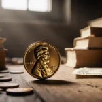 Gold penny lies on edge with soft light and antique coins surrounding on wooden table