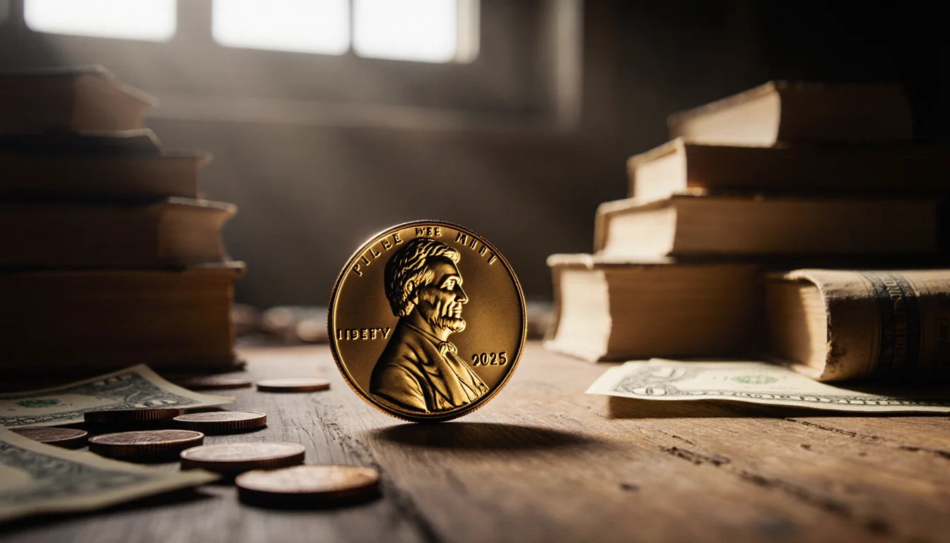 Gold penny lies on edge with soft light and antique coins surrounding on wooden table