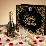 Golden Globes luxury gift bag sits on silk with gold sequins and champagne bottle and rose