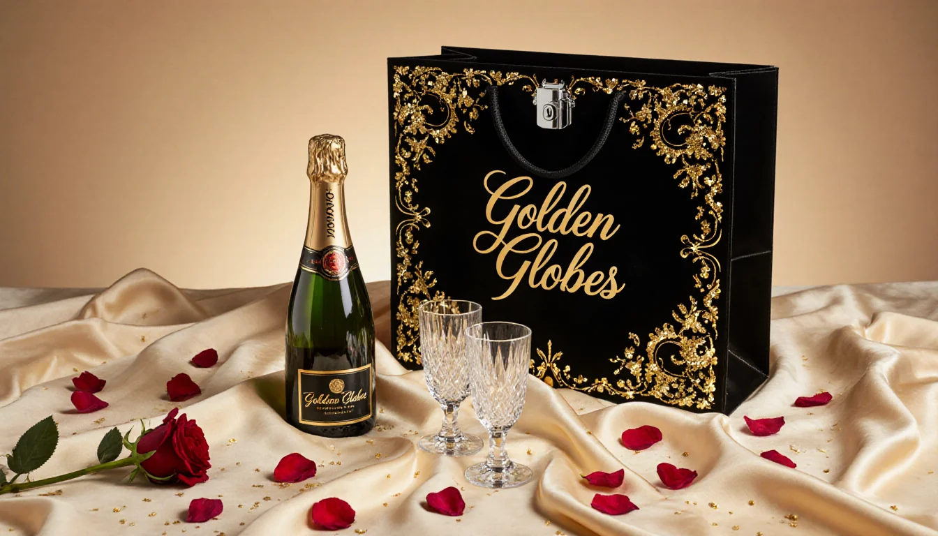 Golden Globes luxury gift bag sits on silk with gold sequins and champagne bottle and rose