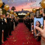 Nominees raise Golden Globe statuettes on a glittering red carpet with Hollywood skyline at sunset.