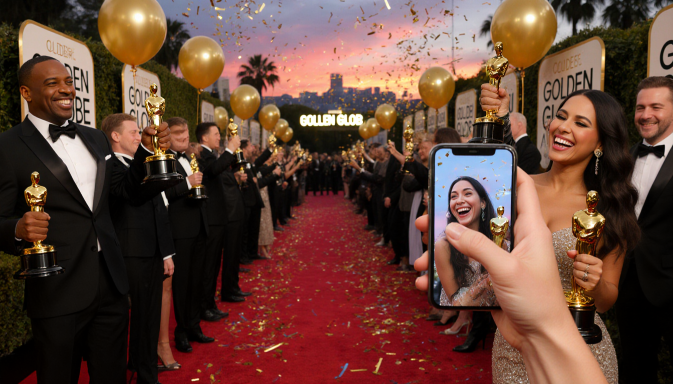 Nominees raise Golden Globe statuettes on a glittering red carpet with Hollywood skyline at sunset.