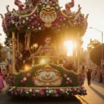 Rose Parade float doing its final preparations with lush greenery and vibrant flowers nearby