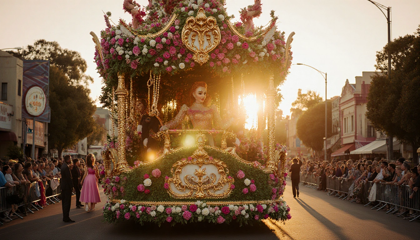 Rose Parade float doing its final preparations with lush greenery and vibrant flowers nearby