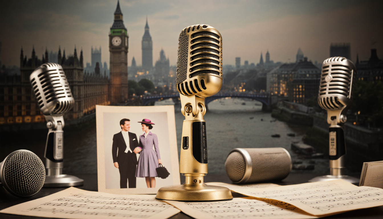 Golden microphone gleams with vintage microphones and a faded photo of Dick Van Dyke and Julie Andrews against London skyline