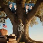 Tree standing tall with gilded crest on trunk and near a leather armchair with books and flag