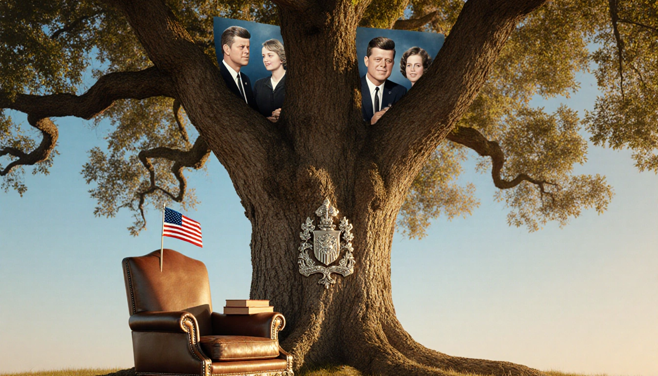 Tree standing tall with gilded crest on trunk and near a leather armchair with books and flag