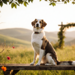 Goose sits on wooden bench with warm sunlight and wildflowers in a green meadow inviting smiles