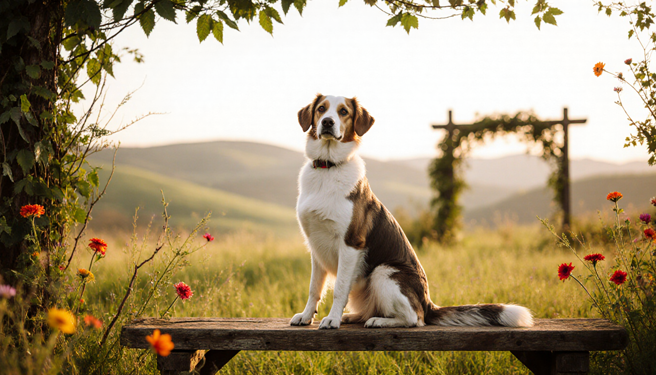 Goose sits on wooden bench with warm sunlight and wildflowers in a green meadow inviting smiles
