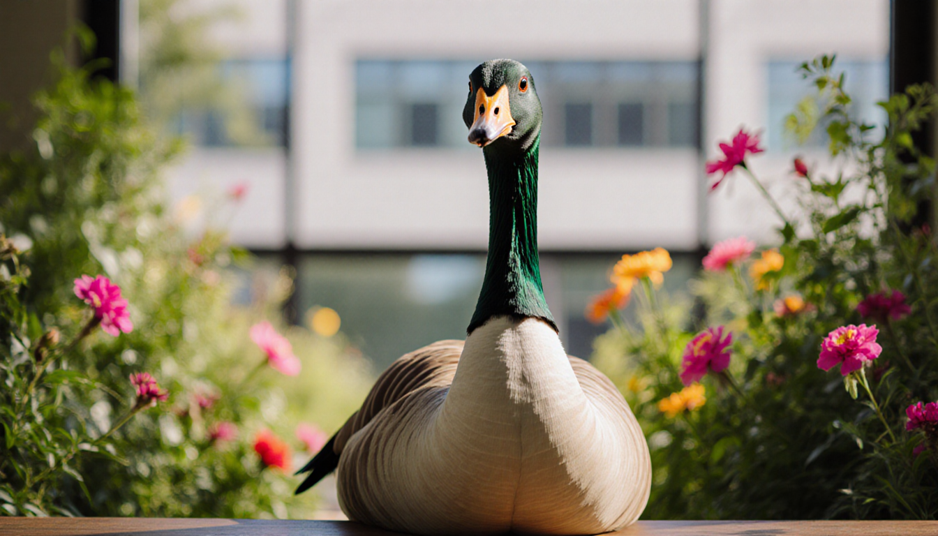 Goose sits on bench with lush greenery colorful flowers serenity and blurred Humane Society building behind