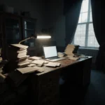 Laptop screen glowing softly with a sea of papers and a flickering fluorescent light overhead in a cluttered government offic