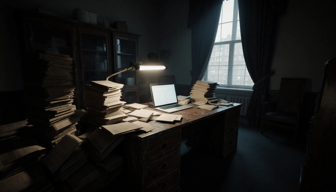 Laptop screen glowing softly with a sea of papers and a flickering fluorescent light overhead in a cluttered government offic