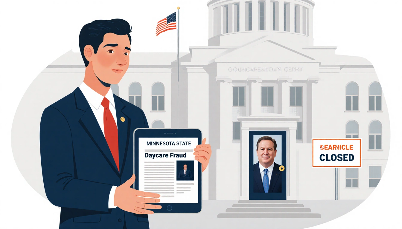Spokesperson before Minnesota capitol holding tablet with daycare fraud article and Gov. Walz photo with closed daycare.